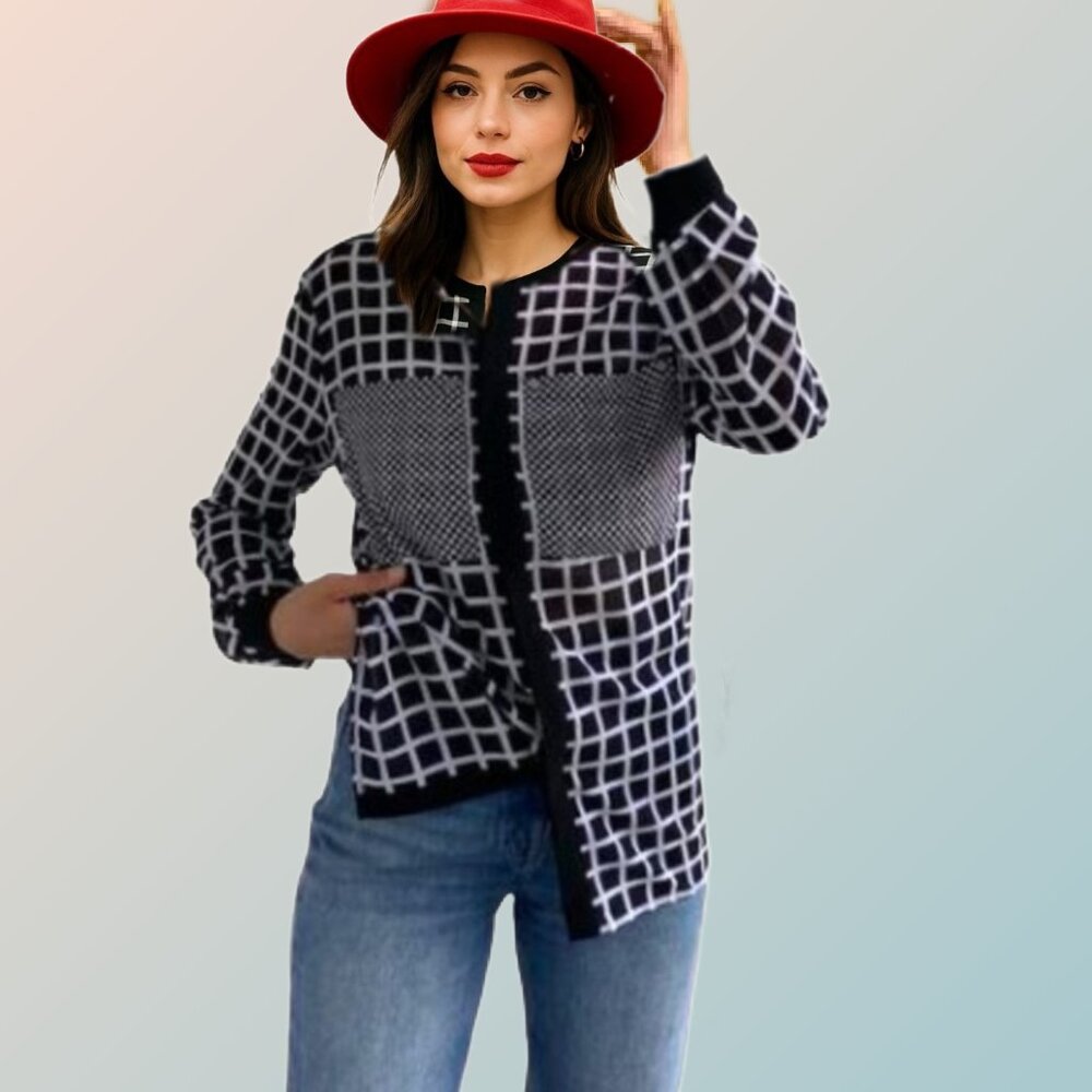 MICHAEL KORS Black & White Checkered Semi Sheer Long Sleeve Button Down Sz MP
